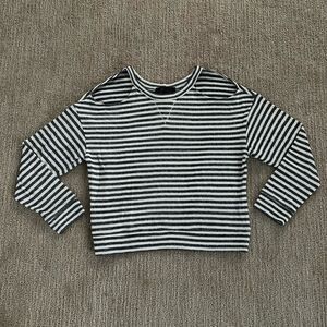 BCBGMaxAzria Grey and White Striped Open Shoulders Crewneck Sweater